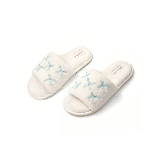Plush Bow Slippers - Cozy Faux Fur House Slides