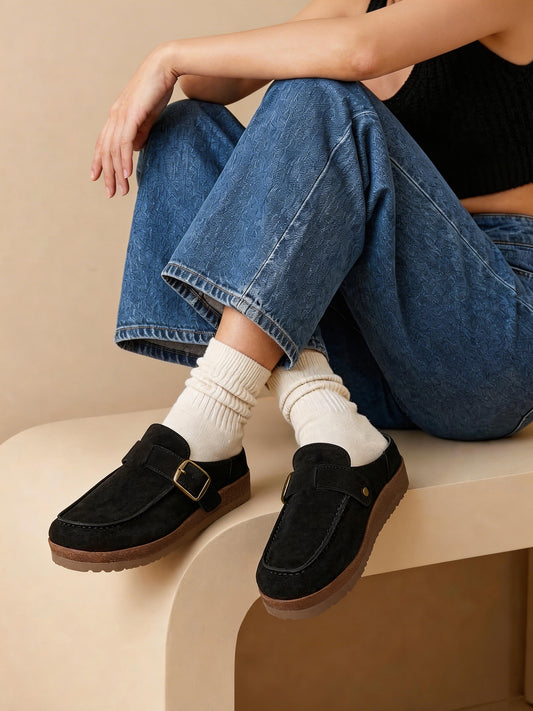 Women's Suede Clogs Adjustable Buckle Cork Footbed Mules Comfortable Slip On Sandals
