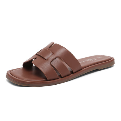 Women's Flat Slide Sandals H-Strap Square Toe Shape Non-slip Summer Beach Shoes