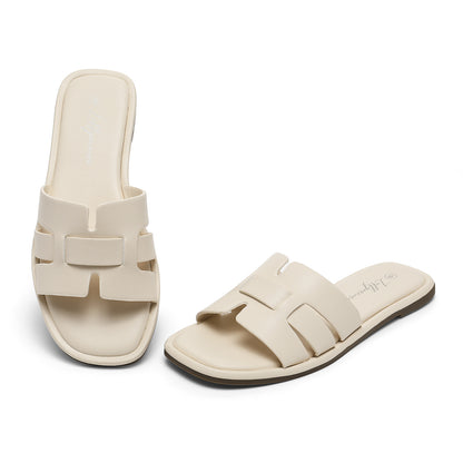 Women's Flat Slide Sandals H-Strap Square Toe Shape Non-slip Summer Beach Shoes