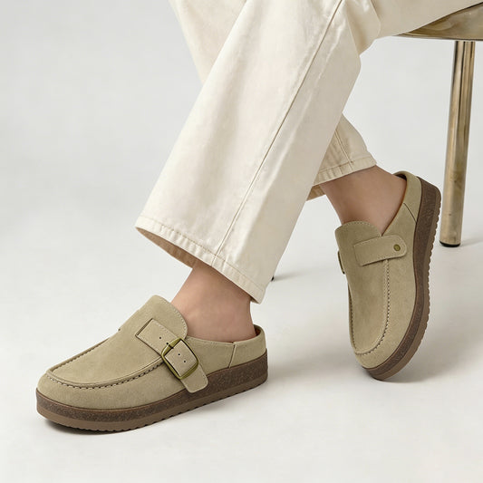 FunkyMonkey Women Suede Mules Low Block Heel Cork Footbed Casual Shoes