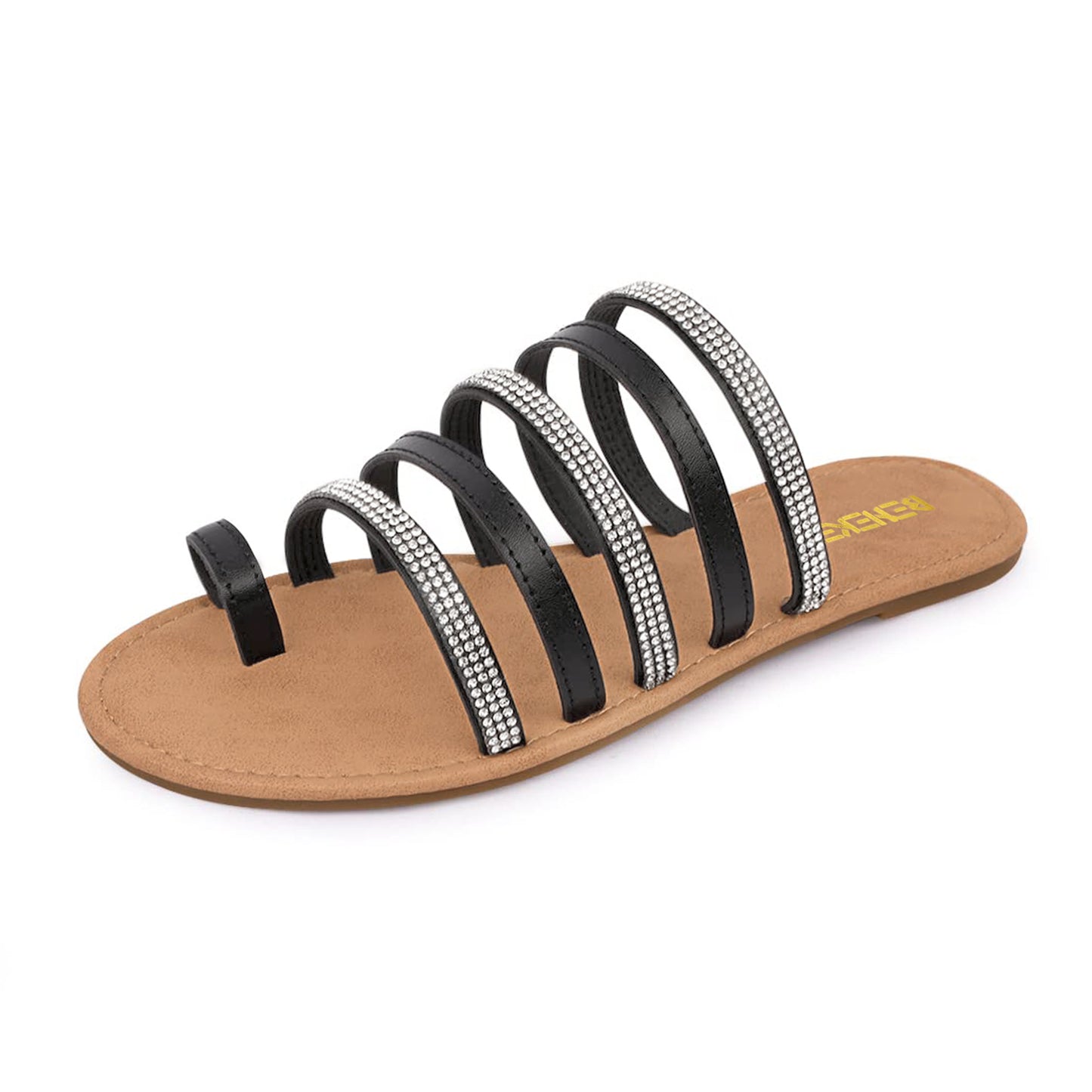 Women's Toe Ring Rhinestone Strappy Flats Casual Summer Beach  Slide Sandals