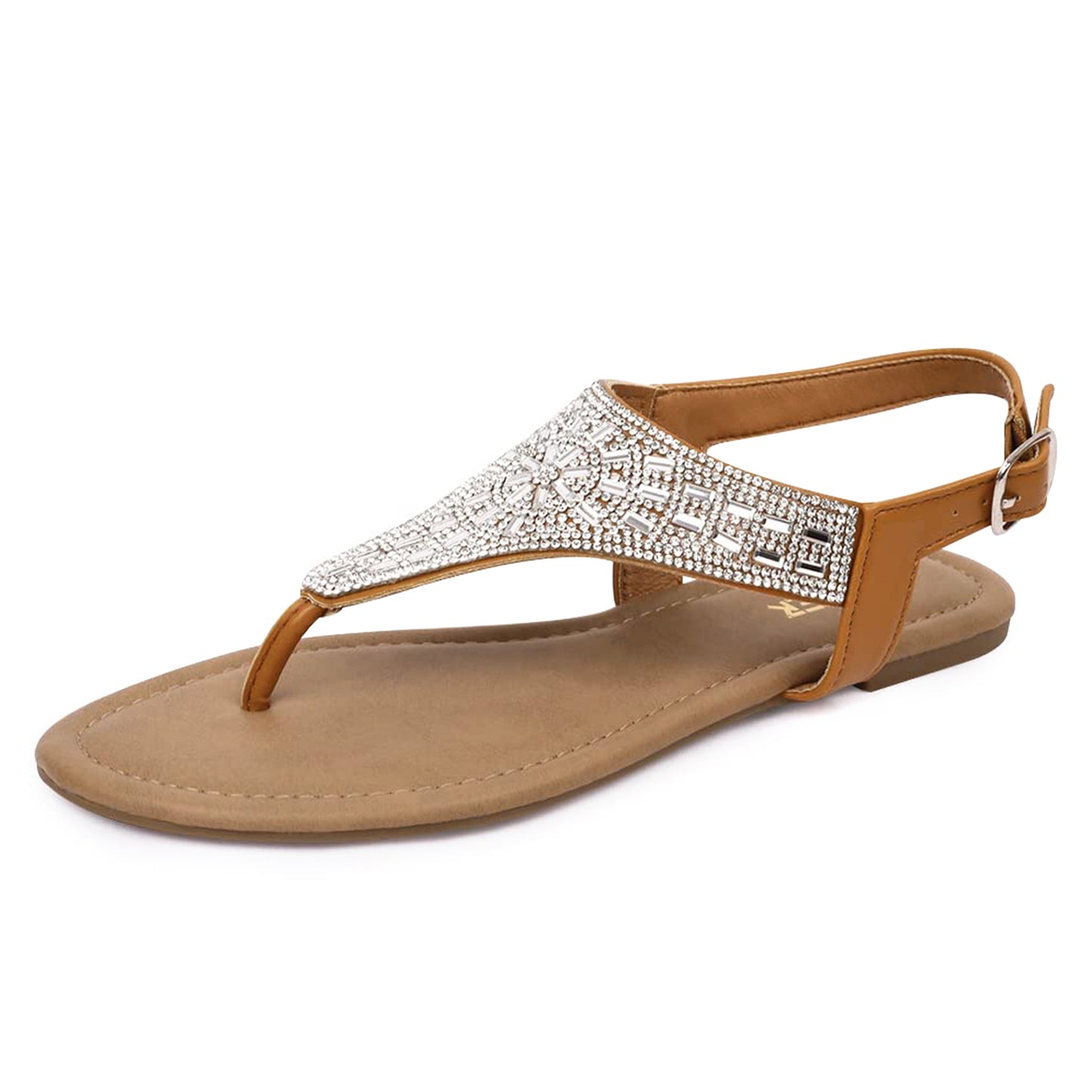 Women Rhinestone T-Strap Thong Flat Sandals Adjustable Buckle Ankle Strap Summer Beach Shoes