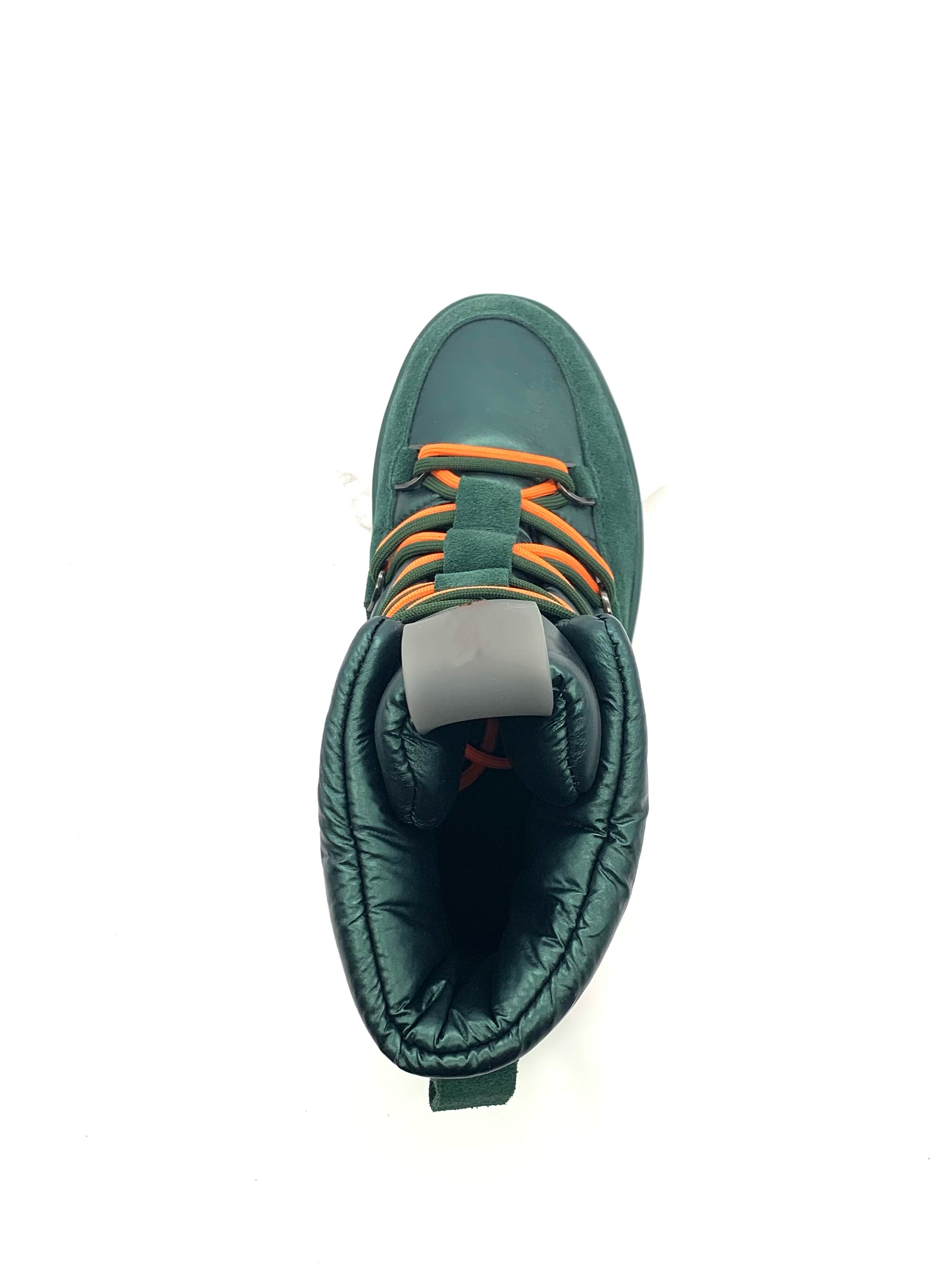 Women's Winter High Top Sneakers Green Suede and Leather with Orange Laces Warm Padded Ankle Boots