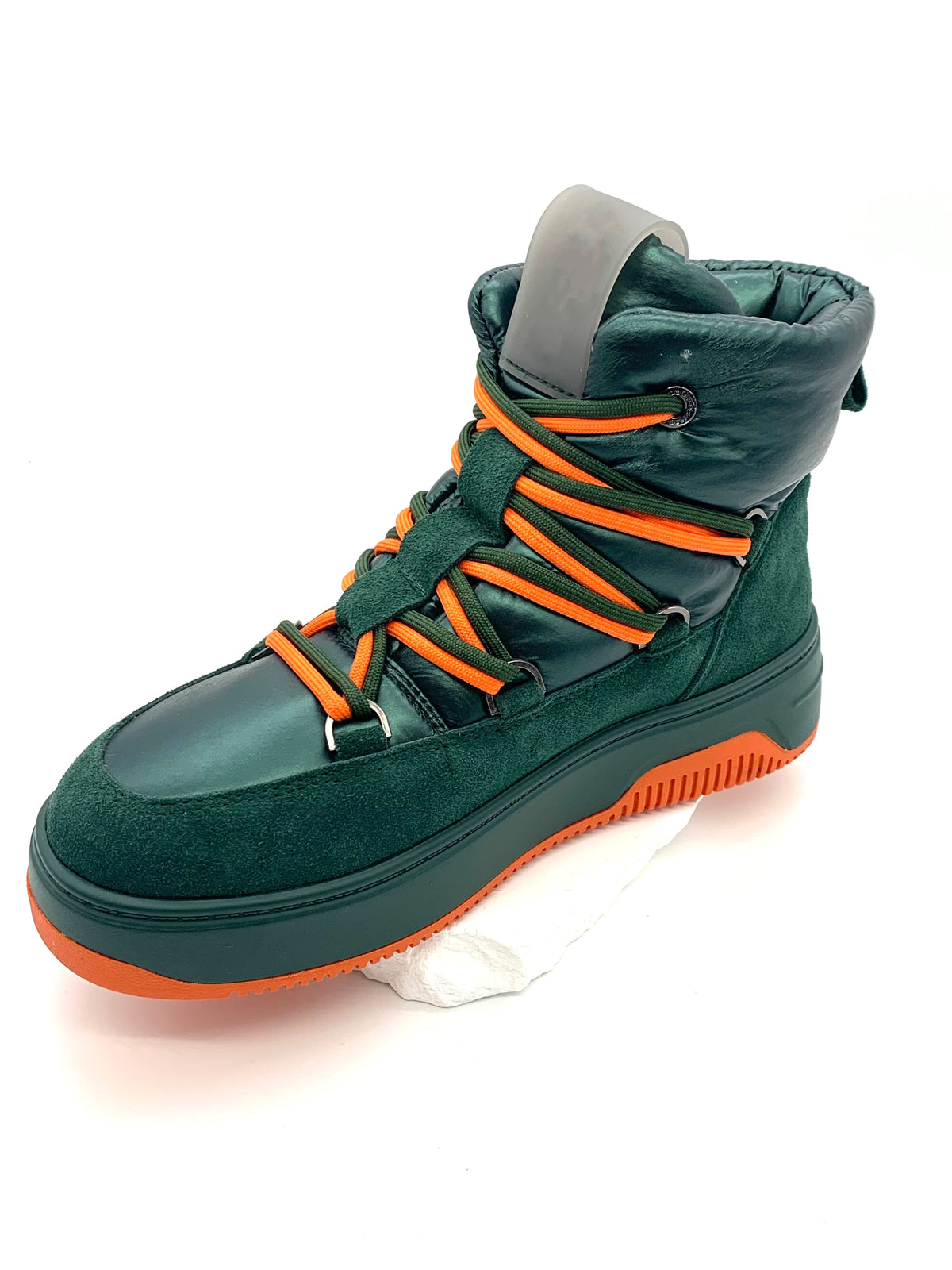 Women's Winter High Top Sneakers Green Suede and Leather with Orange Laces Warm Padded Ankle Boots