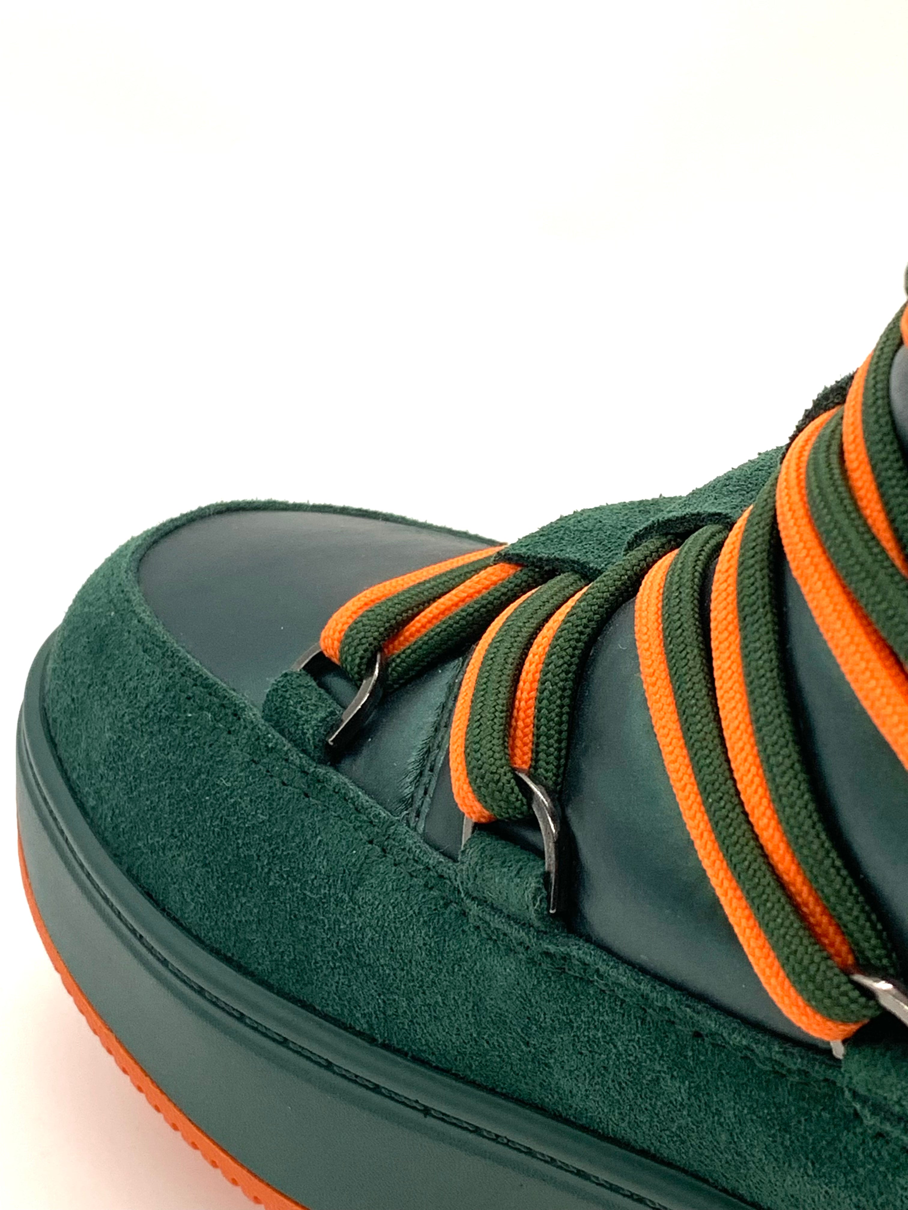 Women's Winter High Top Sneakers Green Suede and Leather with Orange Laces Warm Padded Ankle Boots