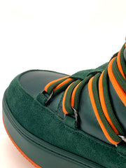 Women's Winter High Top Sneakers Green Suede and Leather with Orange Laces Warm Padded Ankle Boots