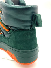 Women's Winter High Top Sneakers Green Suede and Leather with Orange Laces Warm Padded Ankle Boots