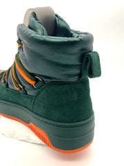 Women's Winter High Top Sneakers Green Suede and Leather with Orange Laces Warm Padded Ankle Boots