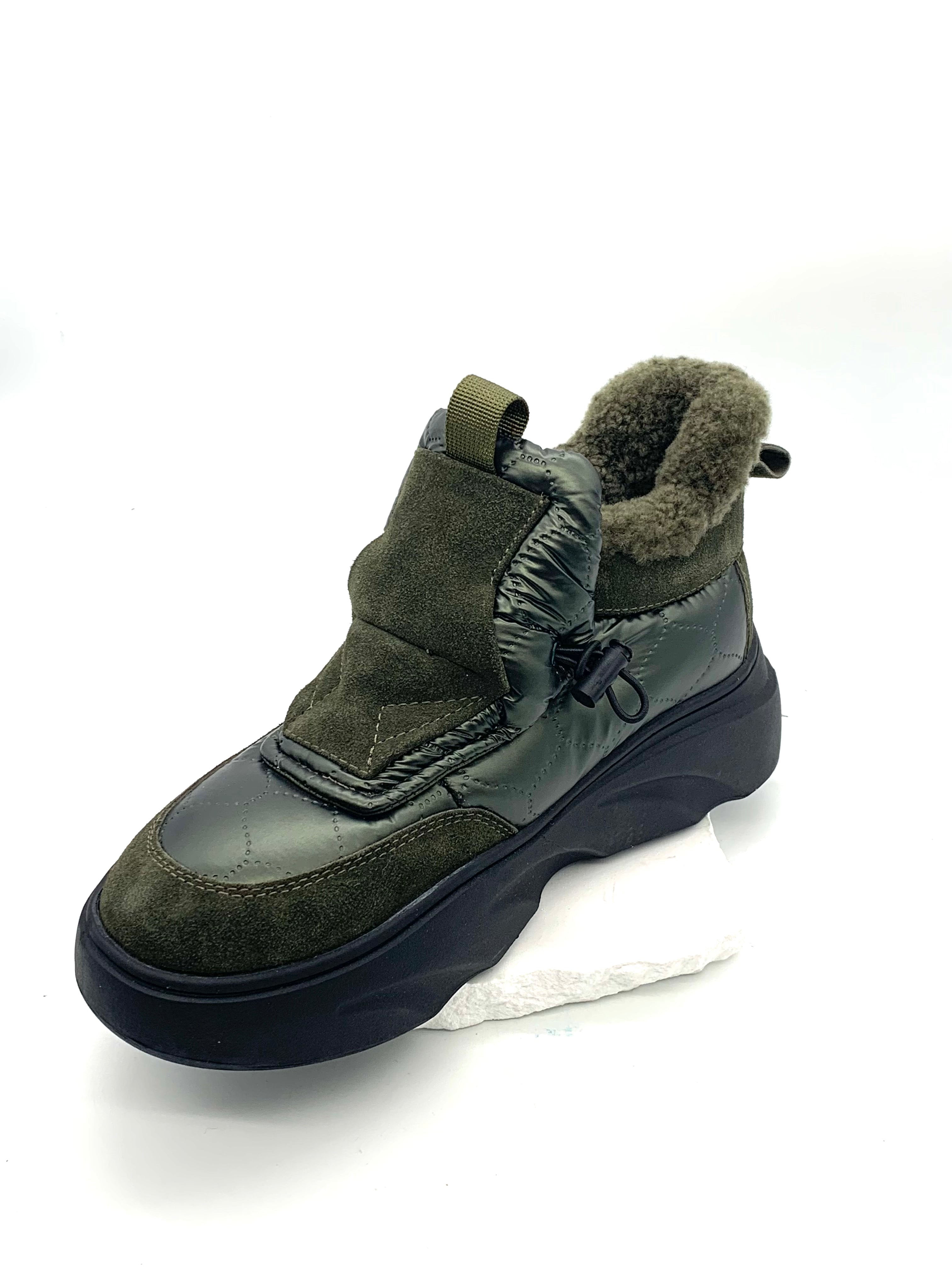 Women's Olive Green Winter Slip - On Sneakers, Warm Fleece - Lined, Velcro Strap Ankle Boots