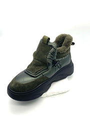 Women's Olive Green Winter Slip - On Sneakers, Warm Fleece - Lined, Velcro Strap Ankle Boots