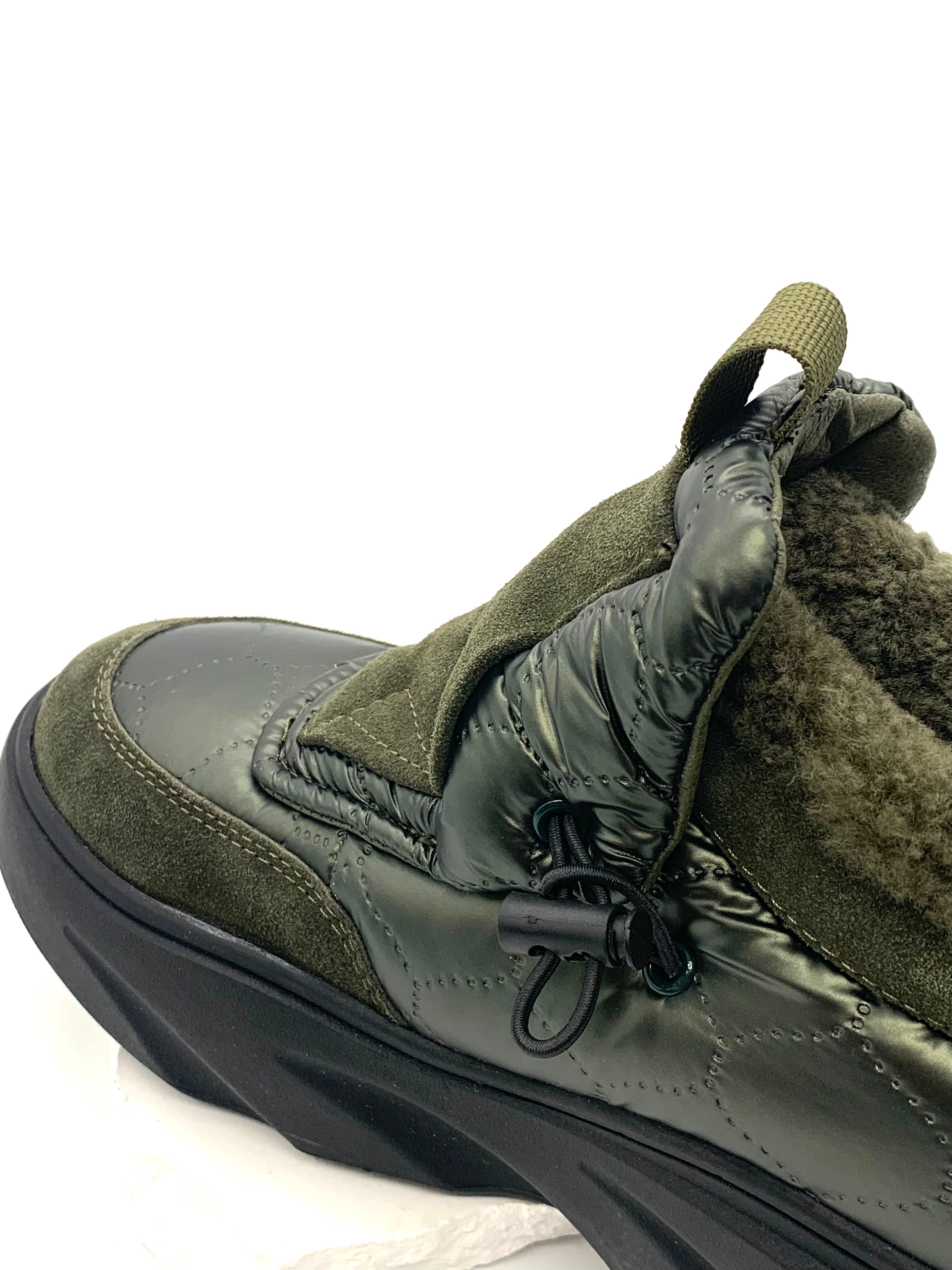Women's Olive Green Winter Slip - On Sneakers, Warm Fleece - Lined, Velcro Strap Ankle Boots