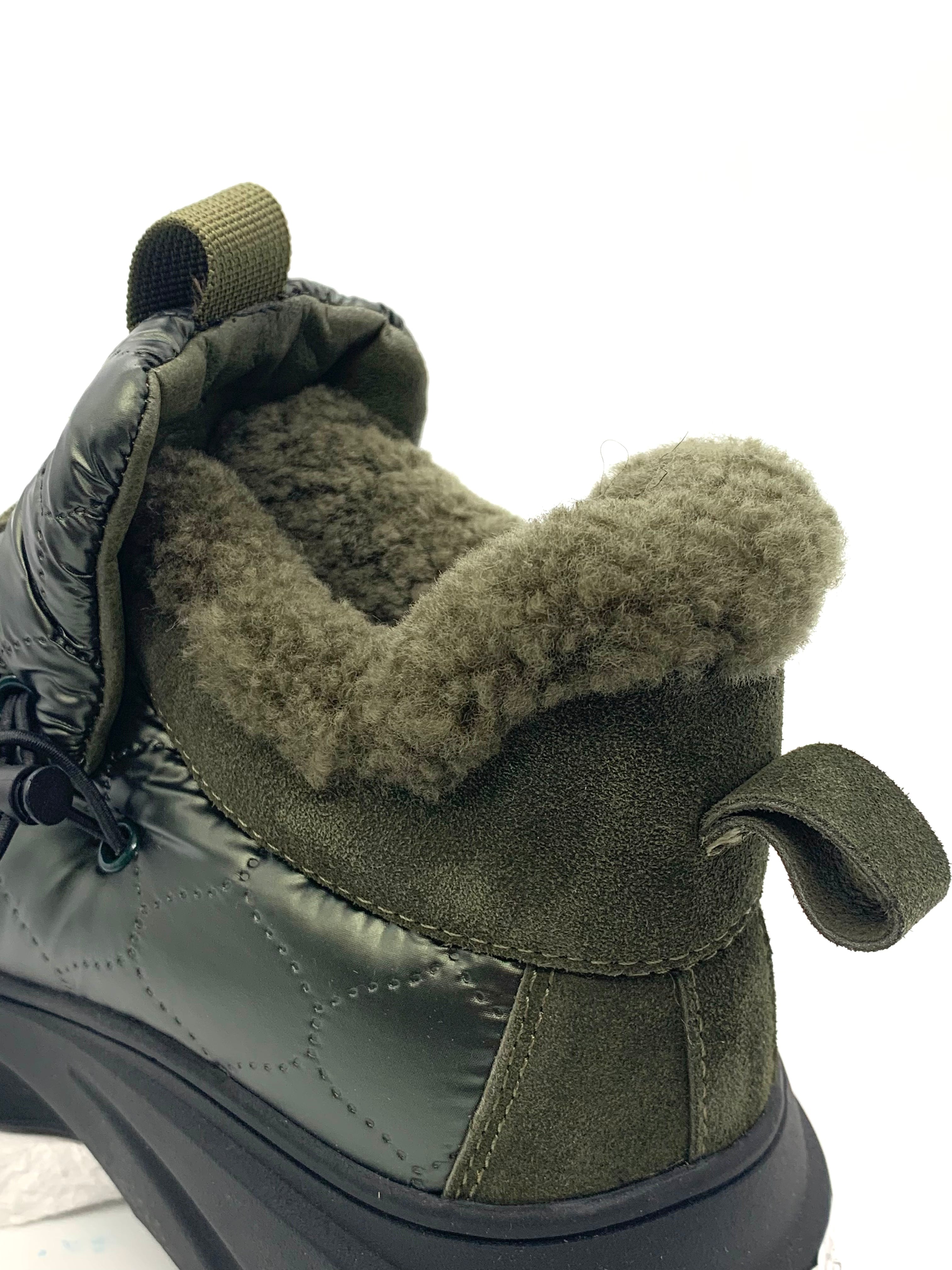 Women's Olive Green Winter Slip - On Sneakers, Warm Fleece - Lined, Velcro Strap Ankle Boots
