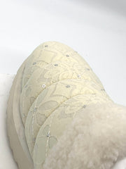Women's Lace Embellished Non-Slip Slippers, Cozy Wool Lined Winter Warm Shoes with Rhinestones