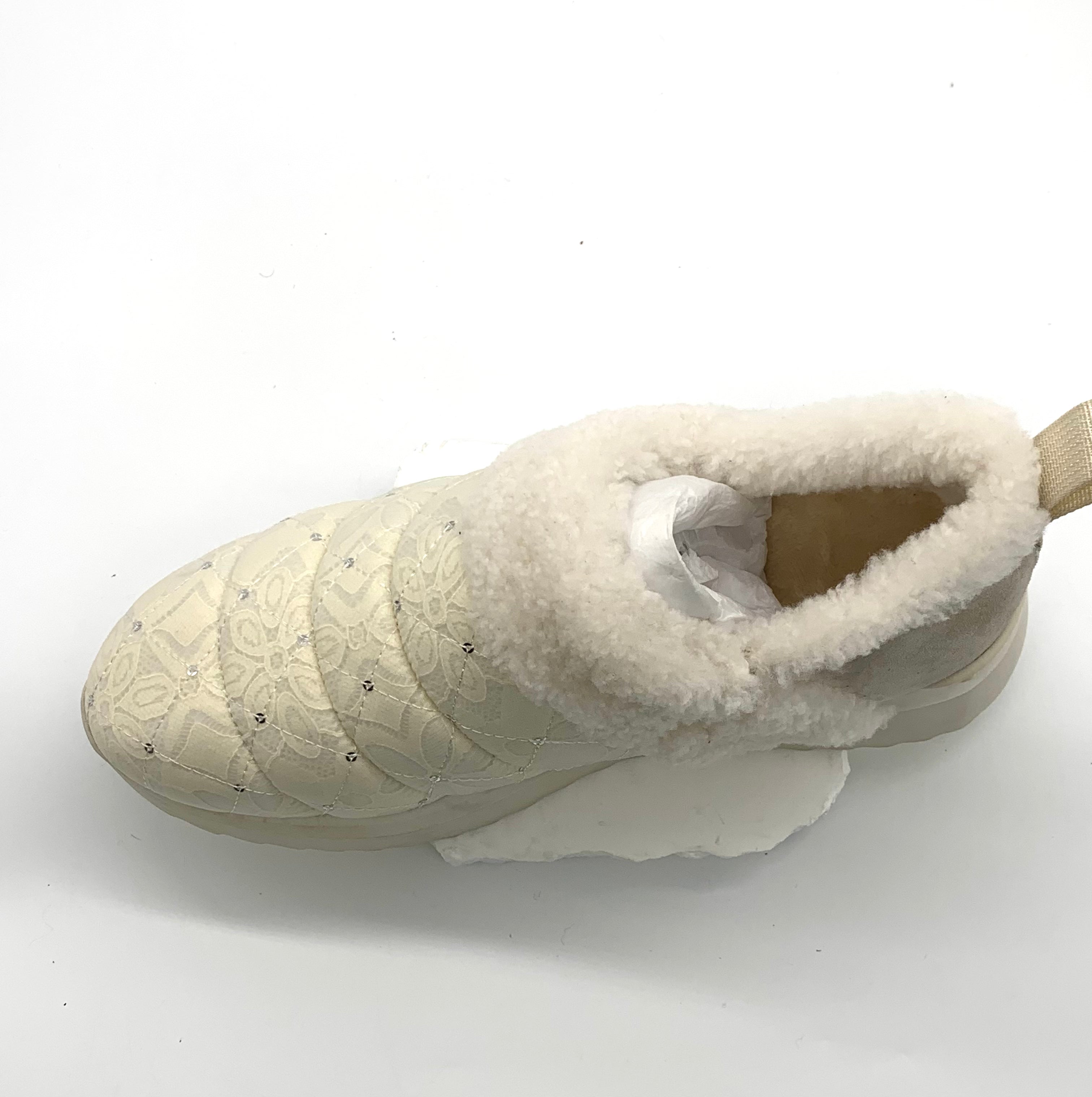 Women's Lace Embellished Non-Slip Slippers, Cozy Wool Lined Winter Warm Shoes with Rhinestones