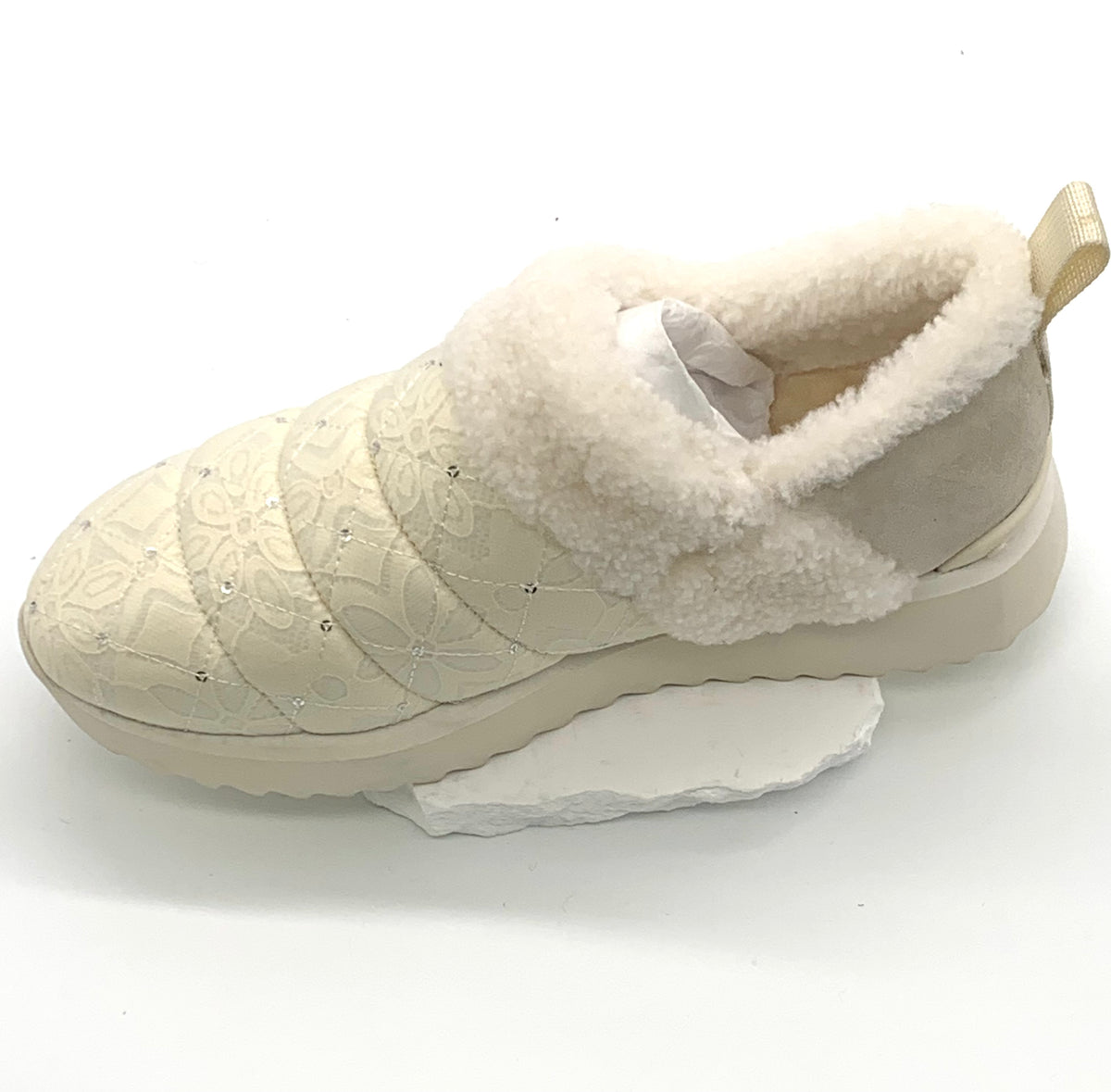 Women's Lace Embellished Non-Slip Slippers, Cozy Wool Lined Winter Warm Shoes with Rhinestones