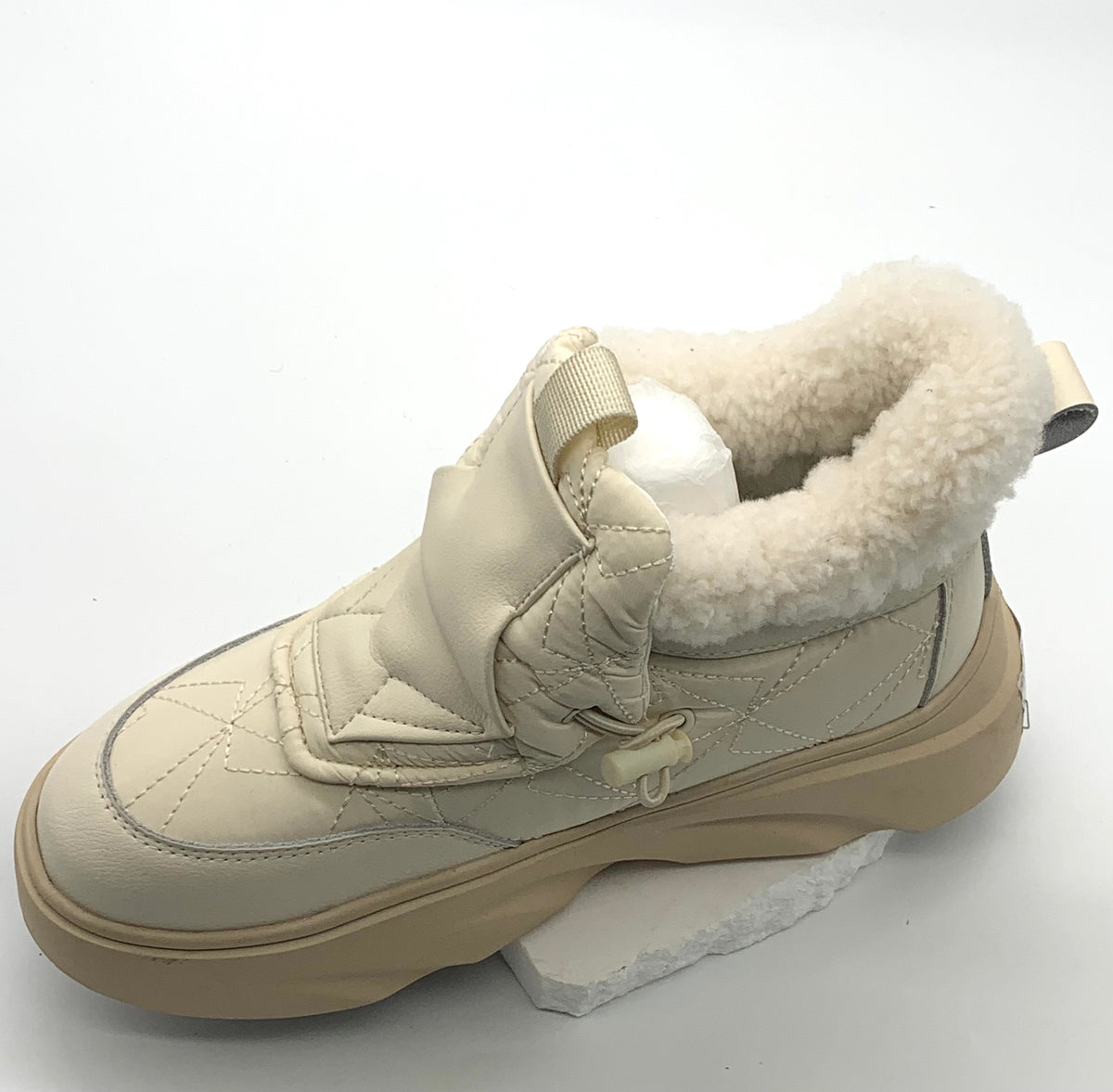 Women's Beige Quilted Winter Sneakers with Fleece Lining, Hook - Loop Strap & Chunky Sole