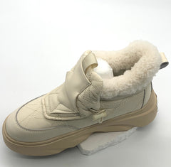 Women's Beige Quilted Winter Sneakers with Fleece Lining, Hook - Loop Strap & Chunky Sole