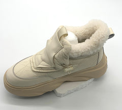 Women's Beige Quilted Winter Sneakers with Fleece Lining, Hook - Loop Strap & Chunky Sole