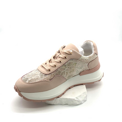 Women's Beige Leather Sneakers with Lace Panels, Stylish & Breathable for Casual Outfits