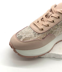 Women's Beige Leather Sneakers with Lace Panels, Stylish & Breathable for Casual Outfits