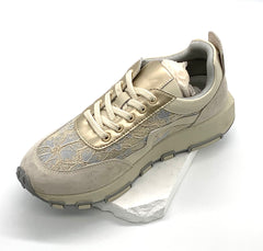 Women's Champagne Gold Sneakers with Lace Details,  Leather Panel Casual Shoes