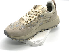 Women's Champagne Gold Sneakers with Lace Details,  Leather Panel Casual Shoes