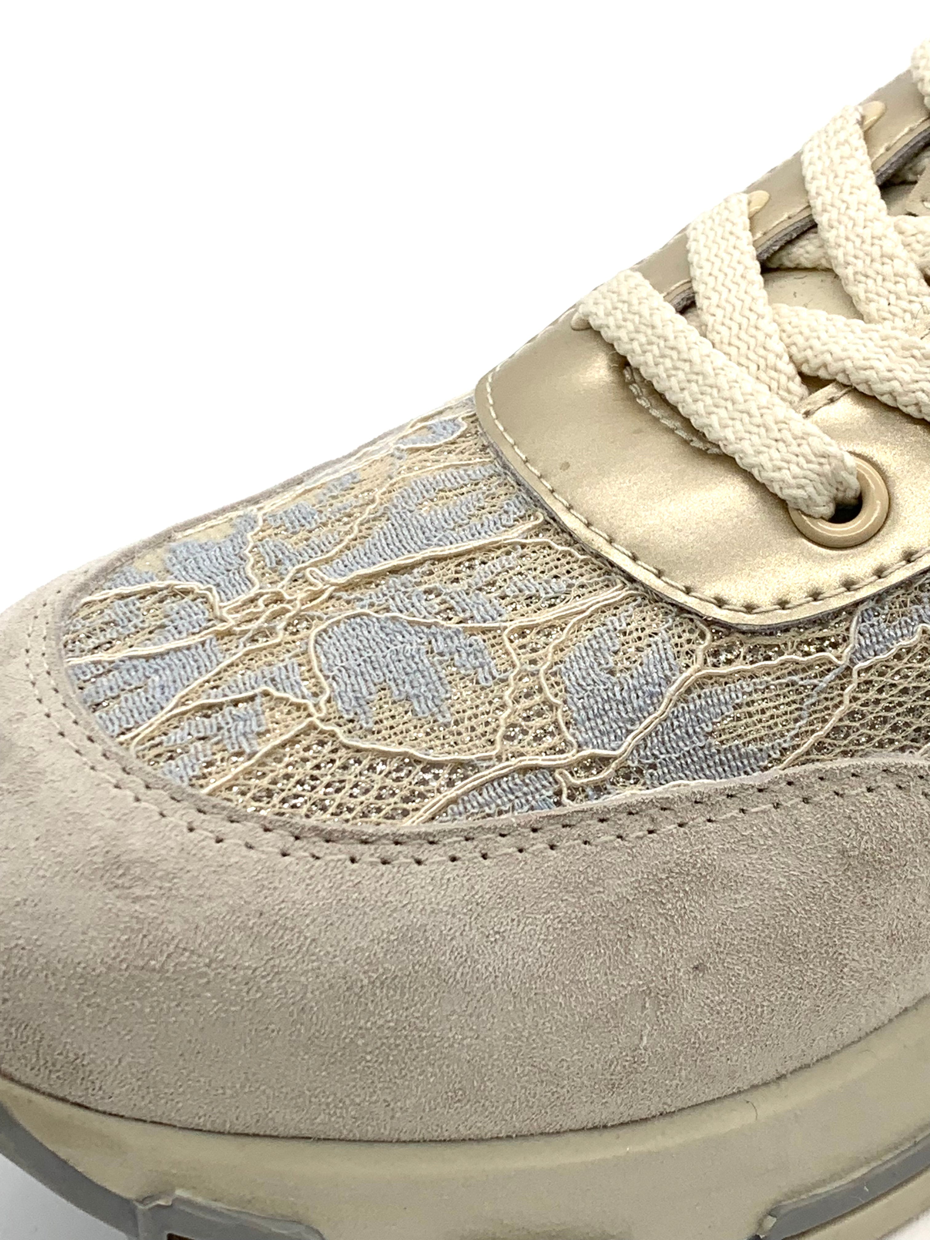 Women's Champagne Gold Sneakers with Lace Details,  Leather Panel Casual Shoes