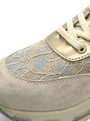 Women's Champagne Gold Sneakers with Lace Details,  Leather Panel Casual Shoes