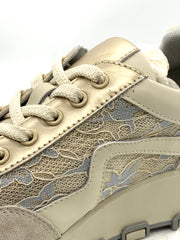 Women's Champagne Gold Sneakers with Lace Details,  Leather Panel Casual Shoes