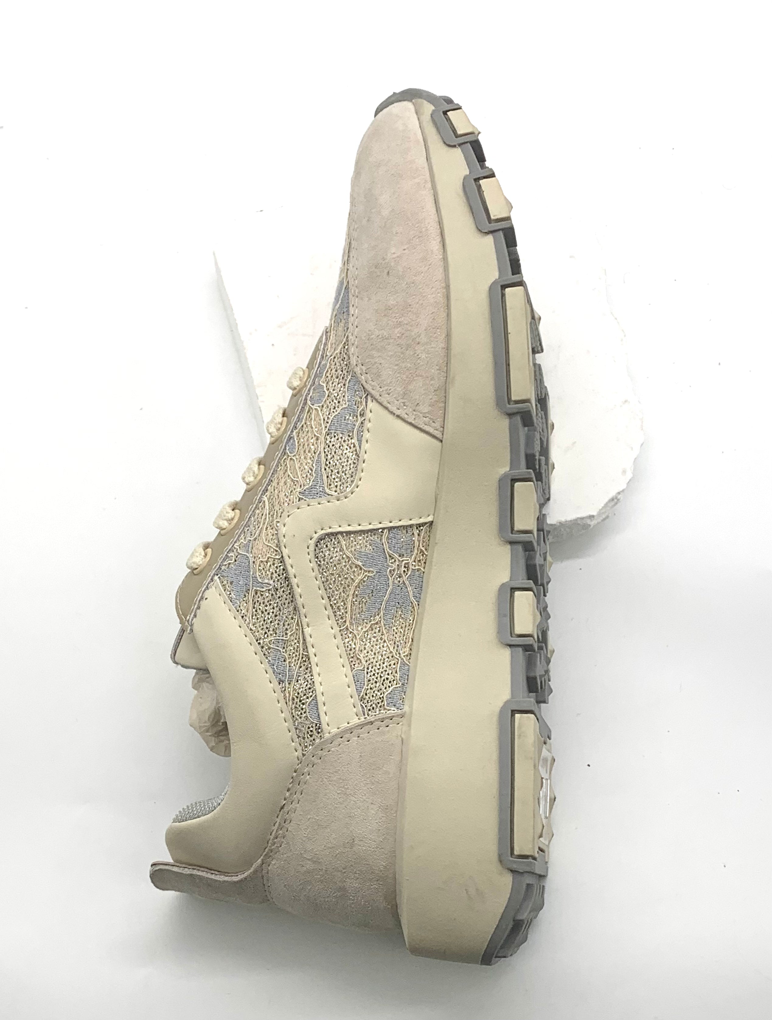 Women's Champagne Gold Sneakers with Lace Details,  Leather Panel Casual Shoes