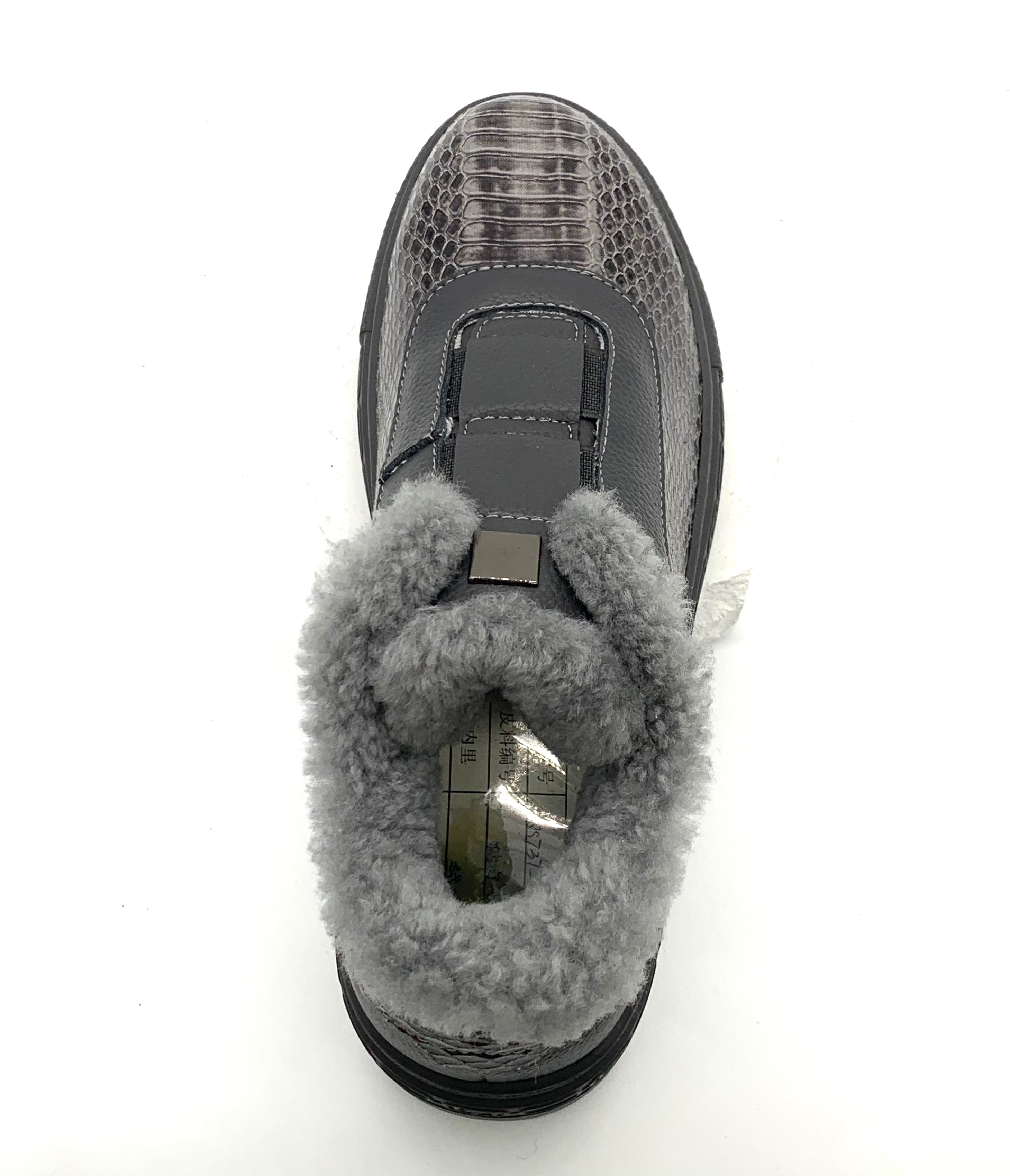 Men's Black Leather Slip - On Shoes with Faux Fur Lining, Snake - Skin Pattern & Warm Design