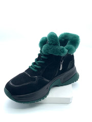 Women's Black Suede Winter Boots with Green Fleece Lining, Side Zipper & Chunky Sole