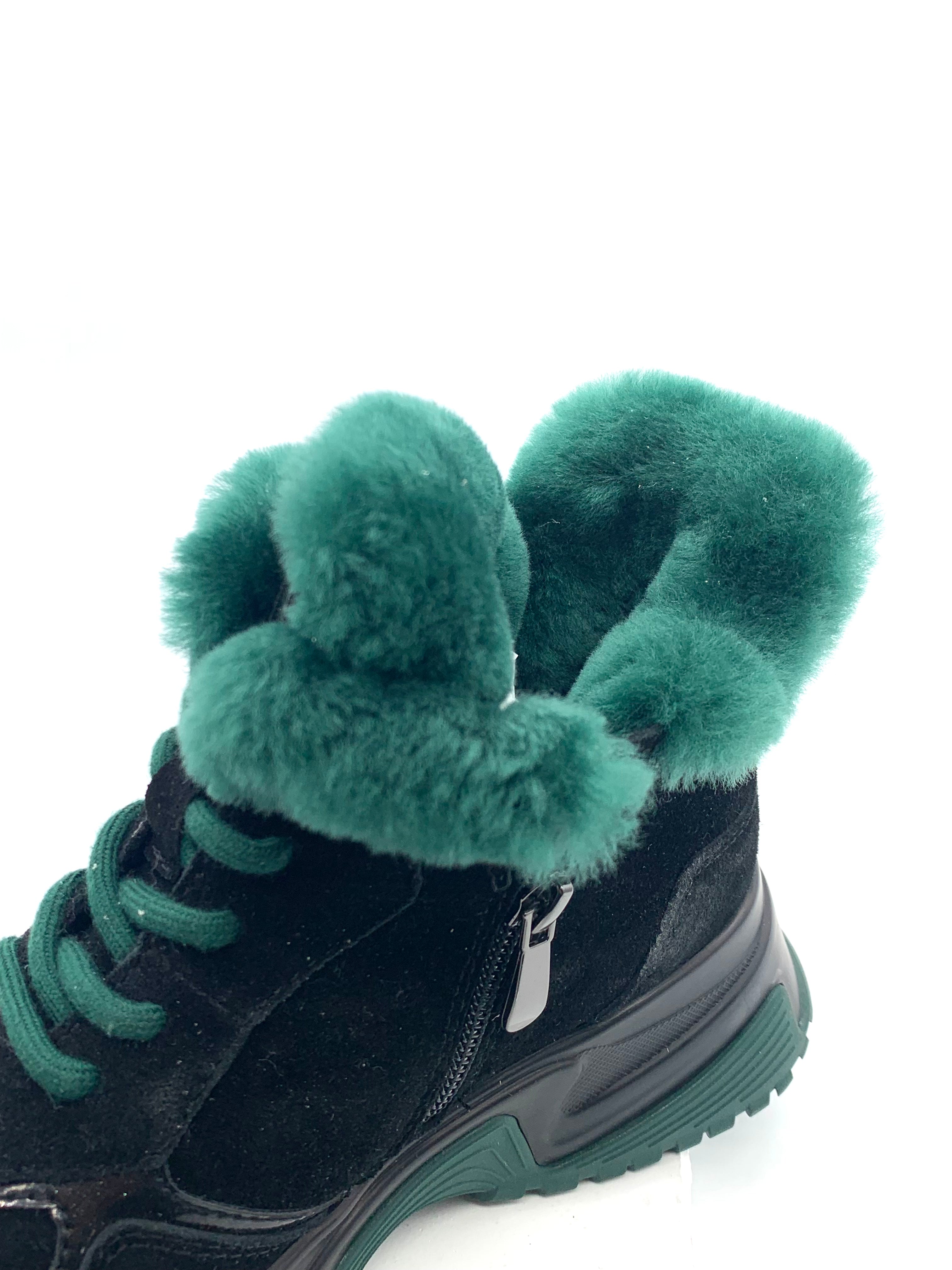 Women's Black Suede Winter Boots with Green Fleece Lining, Side Zipper & Chunky Sole