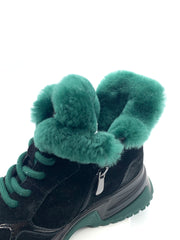 Women's Black Suede Winter Boots with Green Fleece Lining, Side Zipper & Chunky Sole