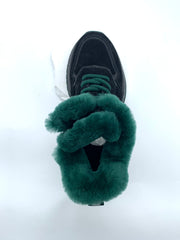 Women's Black Suede Winter Boots with Green Fleece Lining, Side Zipper & Chunky Sole