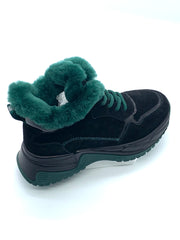 Women's Black Suede Winter Boots with Green Fleece Lining, Side Zipper & Chunky Sole