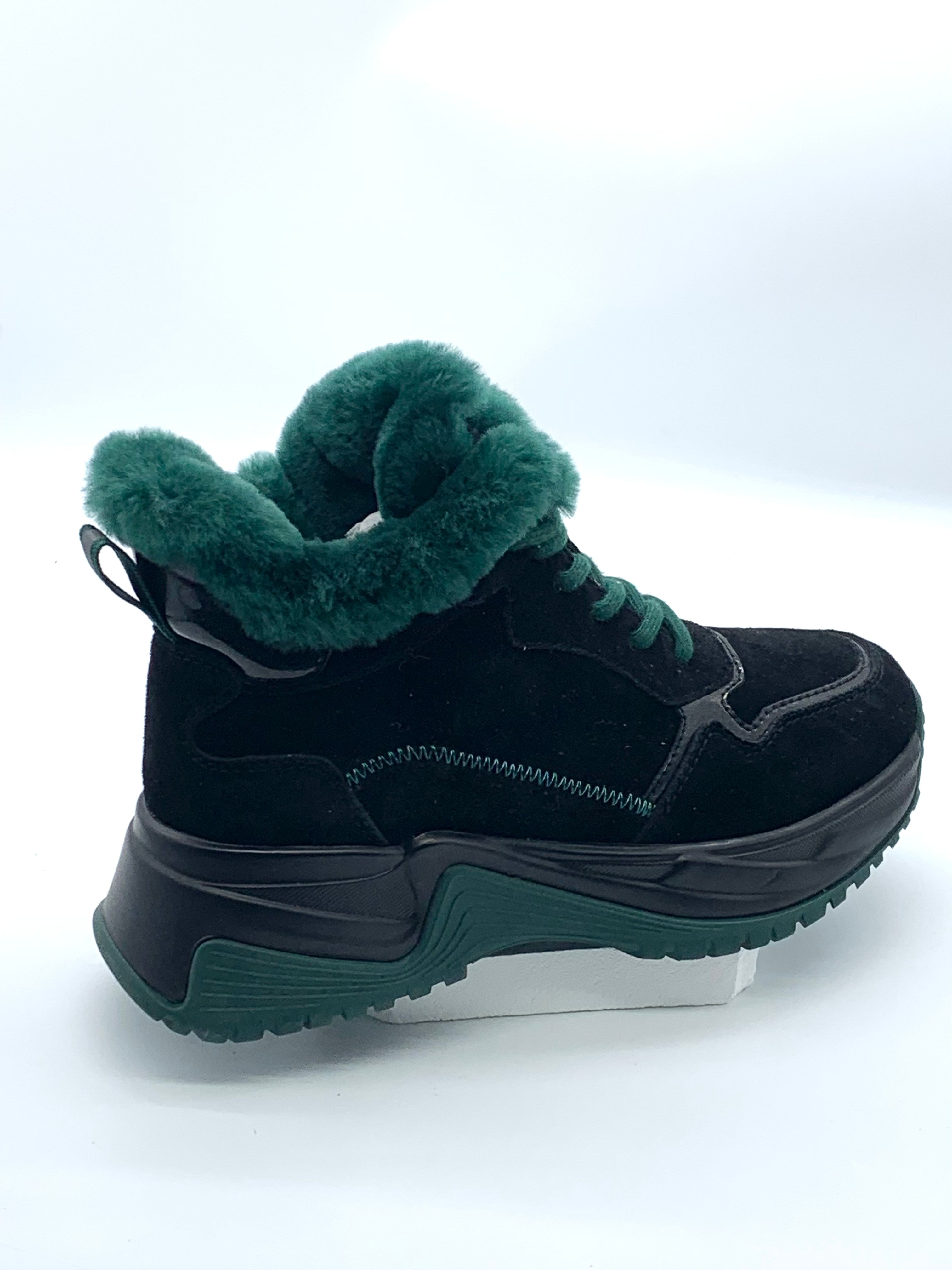 Women's Black Suede Winter Boots with Green Fleece Lining, Side Zipper & Chunky Sole