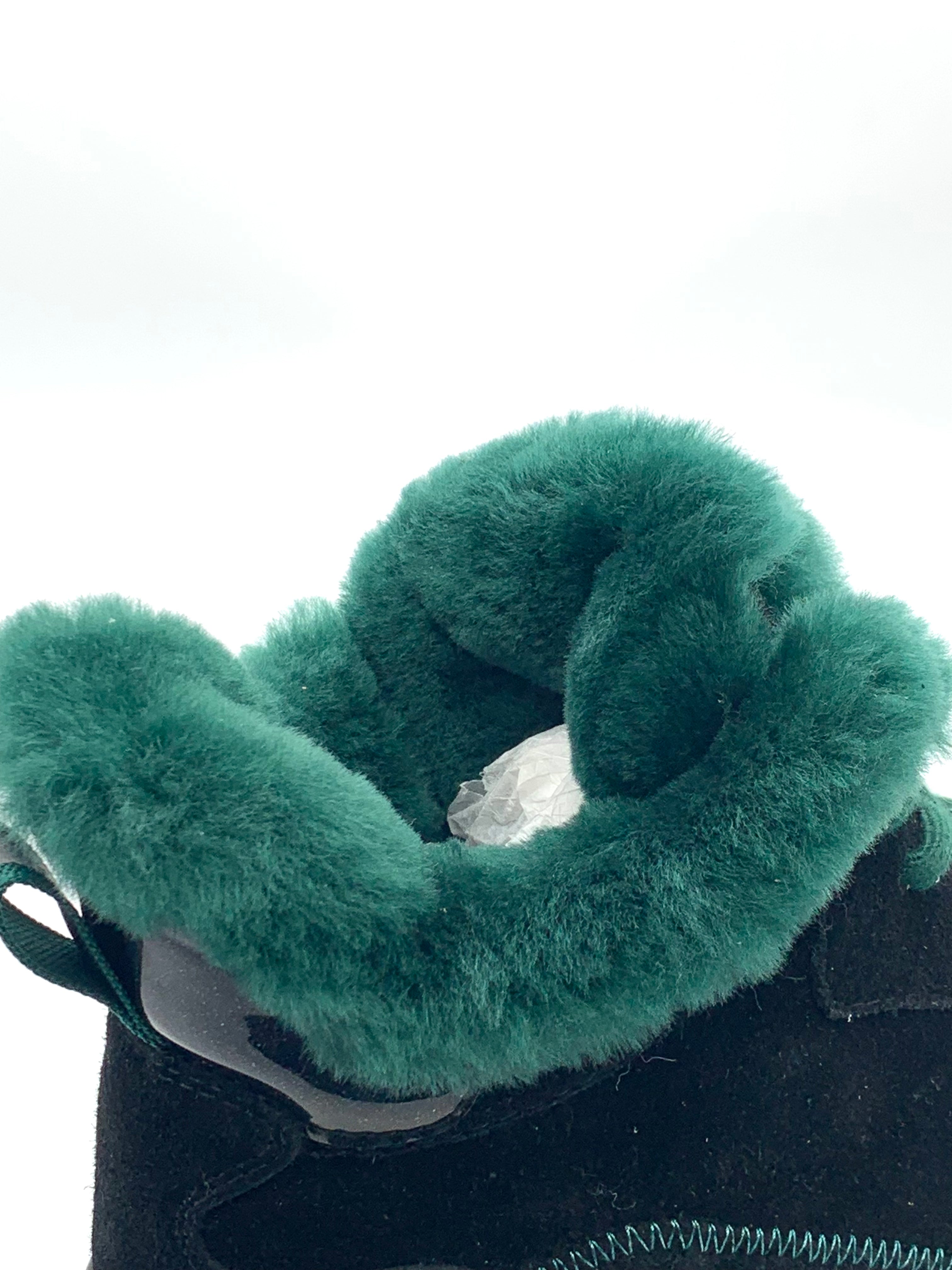 Women's Black Suede Winter Boots with Green Fleece Lining, Side Zipper & Chunky Sole