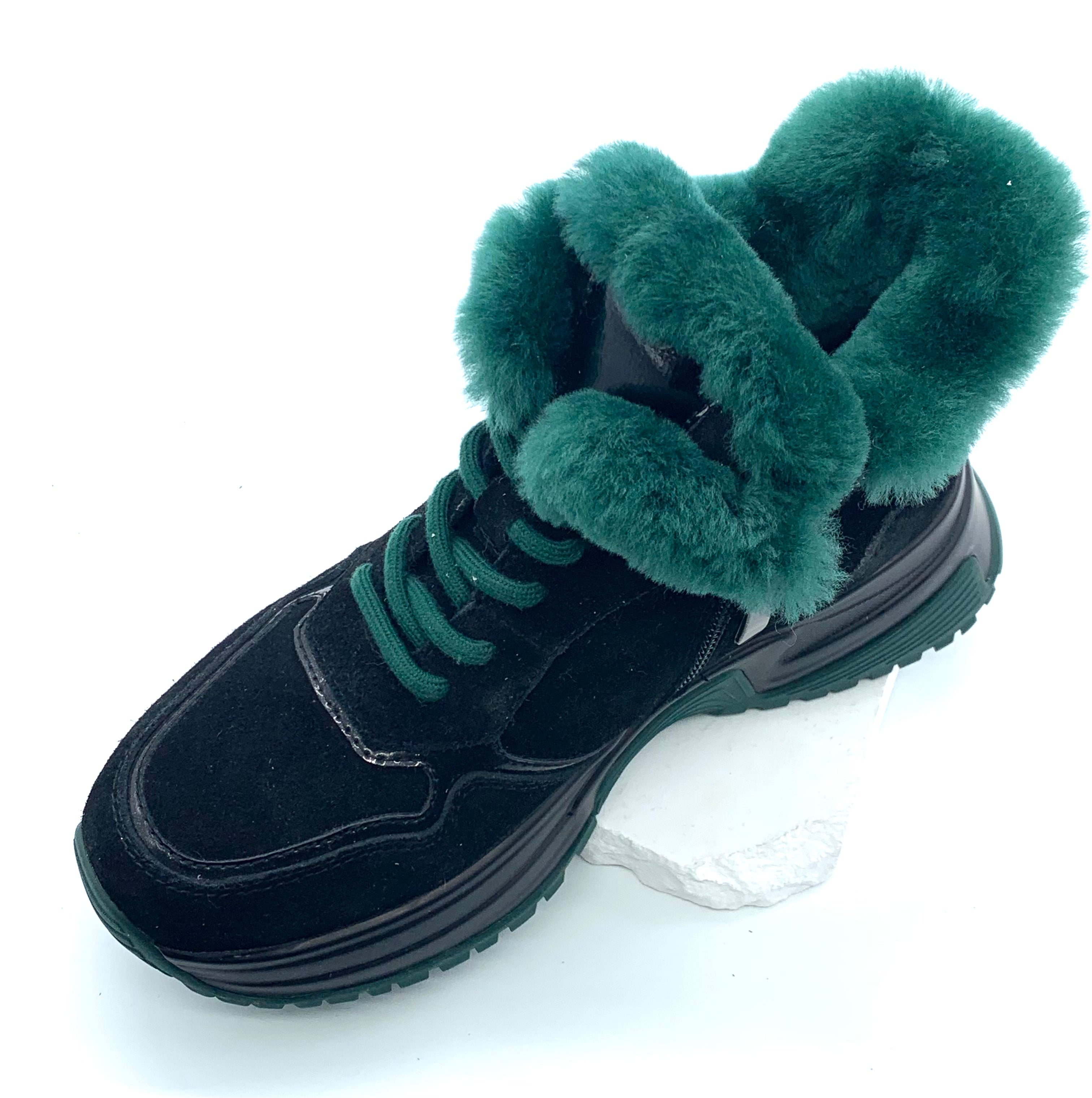 Women's Black Suede Winter Boots with Green Fleece Lining, Side Zipper & Chunky Sole