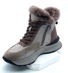 Women's Beige Suede Winter Ankle Boots with Fleece Lining, Side Zipper & Chunky Sole