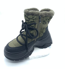 Women's Olive Green Padded Winter Snow Boots with Fleece Lining, Side Zipper & Chunky Sole
