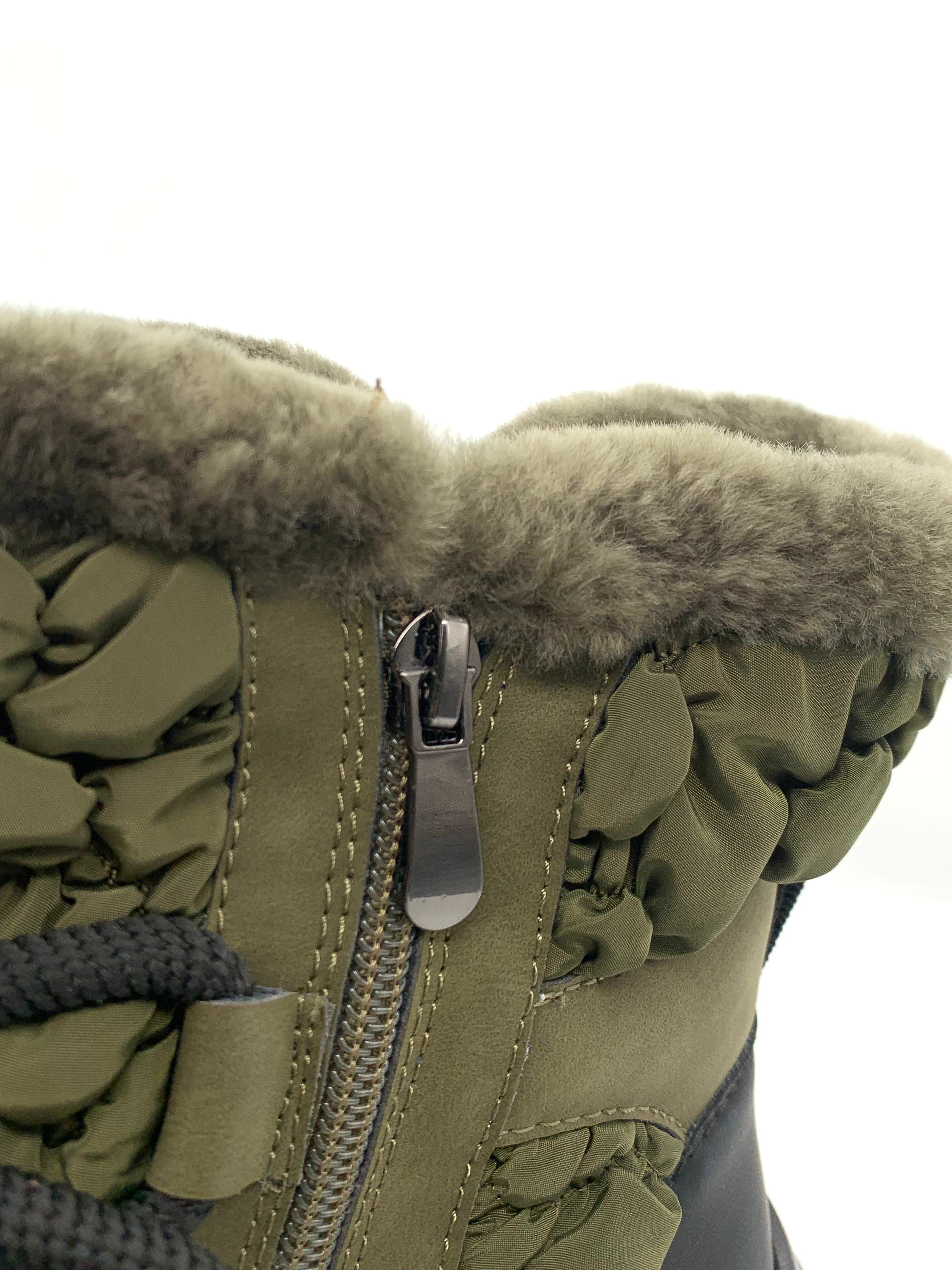 Women's Olive Green Padded Winter Snow Boots with Fleece Lining, Side Zipper & Chunky Sole