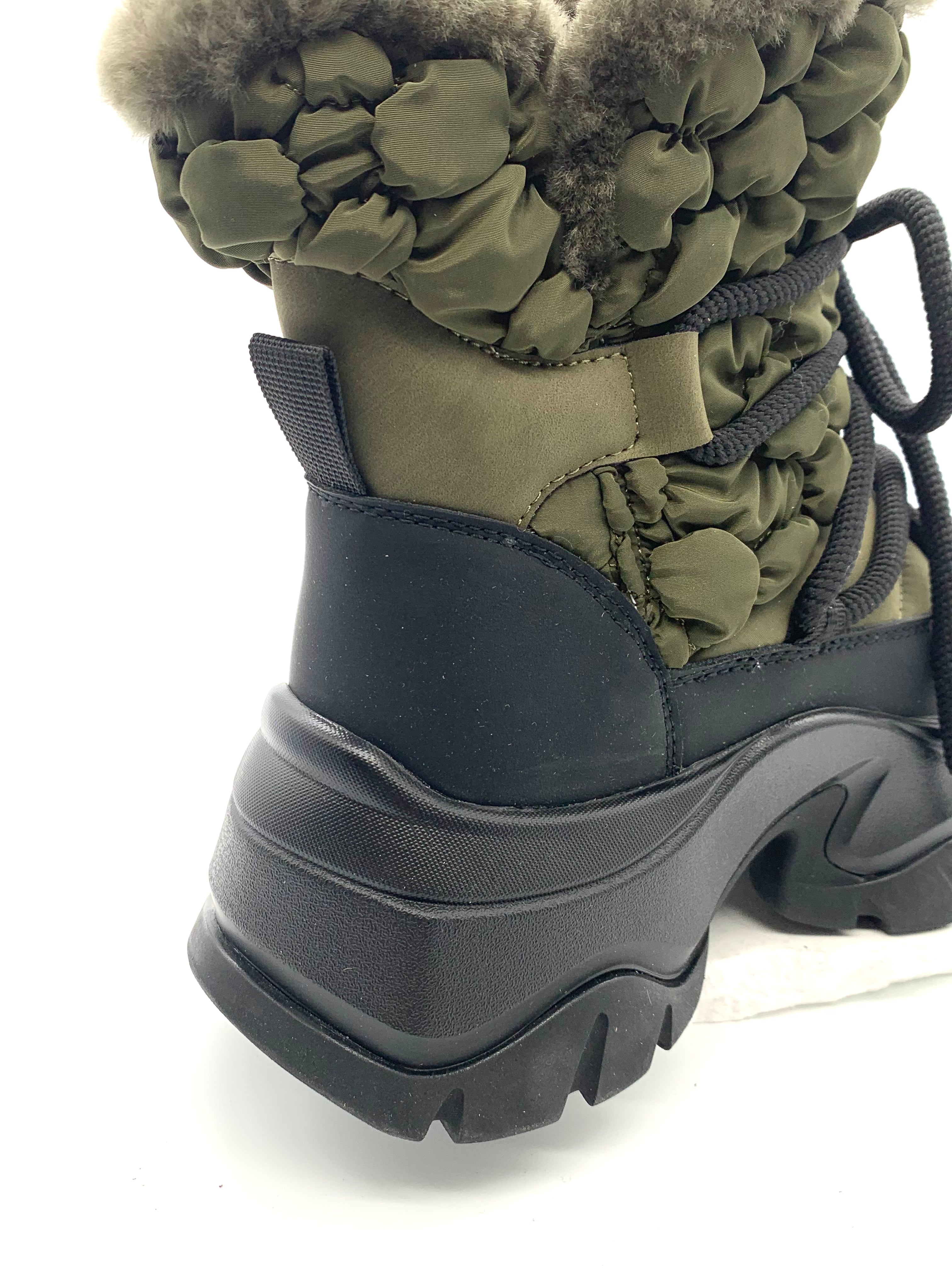 Women's Olive Green Padded Winter Snow Boots with Fleece Lining, Side Zipper & Chunky Sole