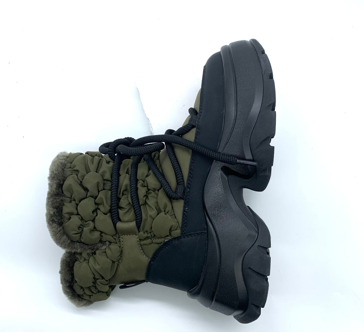Women's Olive Green Padded Winter Snow Boots with Fleece Lining, Side Zipper & Chunky Sole