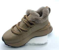 Women's Khaki Winter Sneakers with Fleece Lining, Chunky Sole & Stylish Lacing