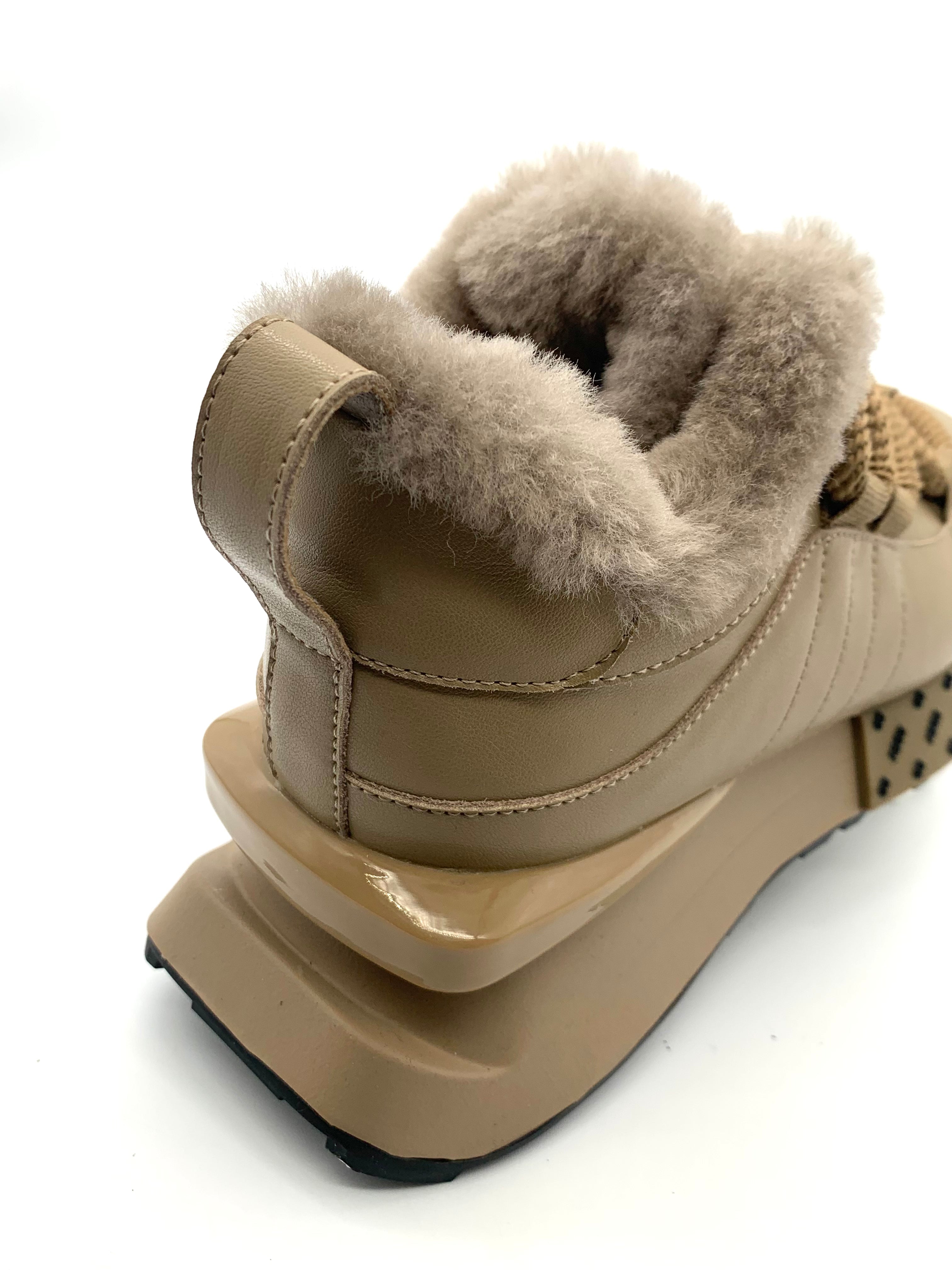 Women's Khaki Winter Sneakers with Fleece Lining, Chunky Sole & Stylish Lacing