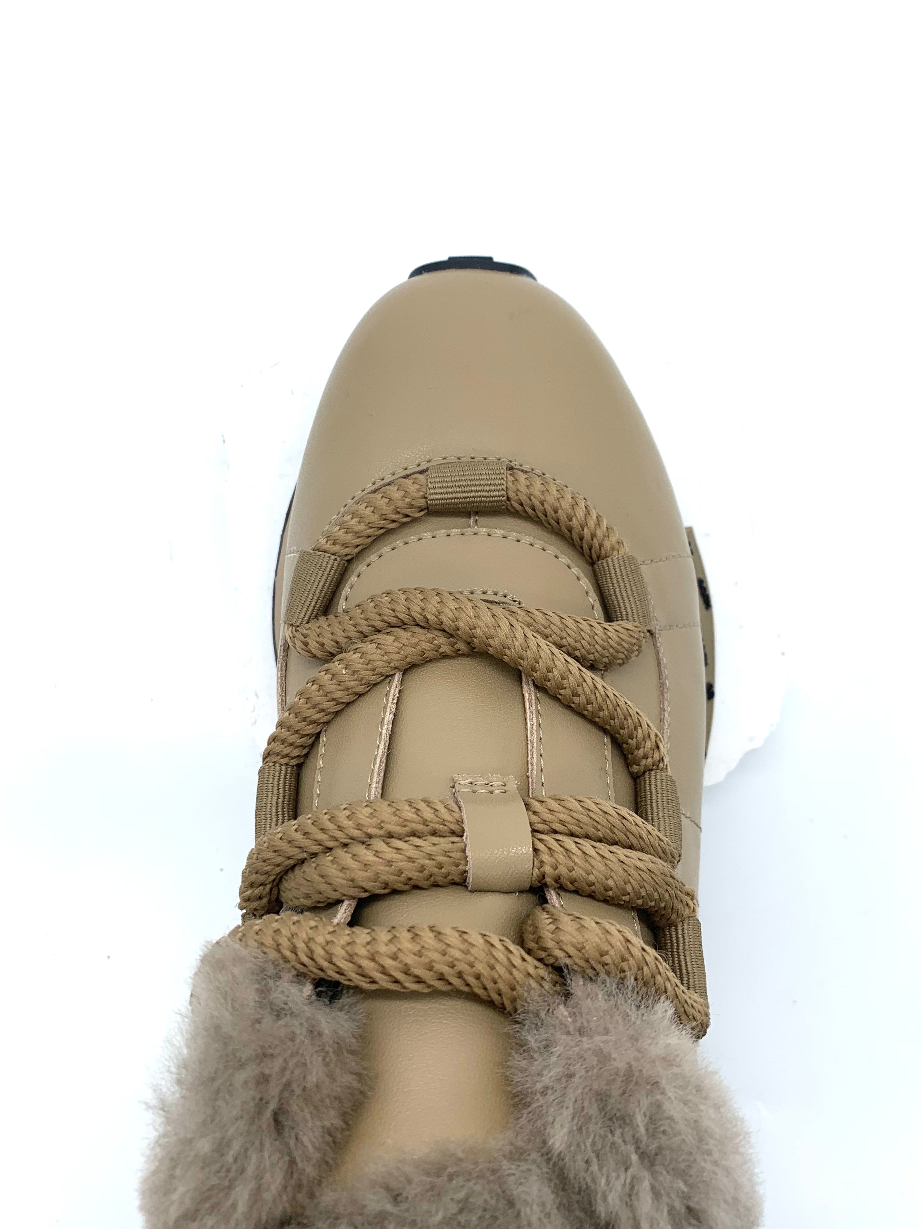 Women's Khaki Winter Sneakers with Fleece Lining, Chunky Sole & Stylish Lacing