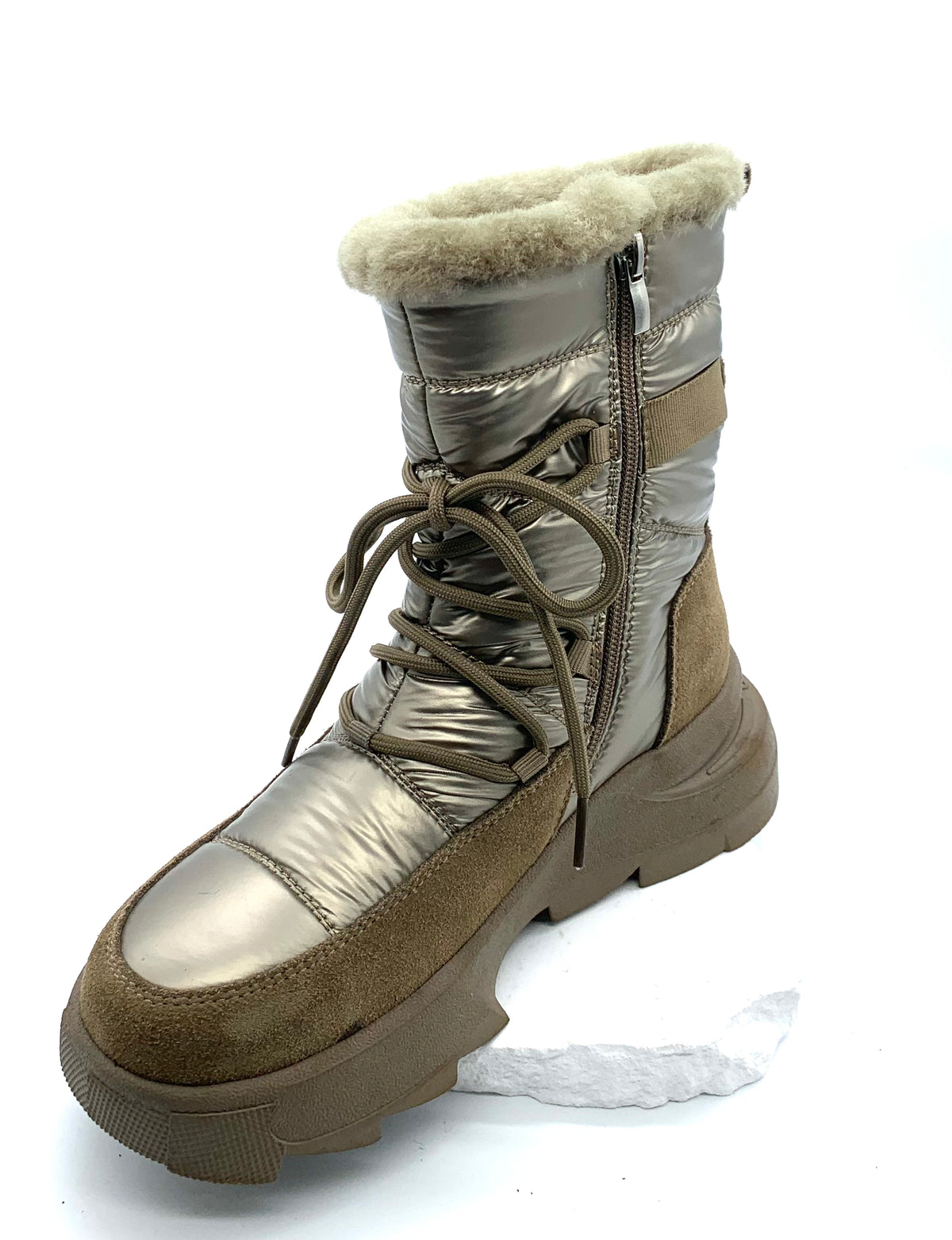 Women's Champagne - Gold Quilted Winter Snow Boots with Fleece Lining & Side Zipper