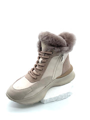 Women's Beige Leather Fleece High Top Womens Boots with Wool Lining, Side Zipper and Chunky Sole